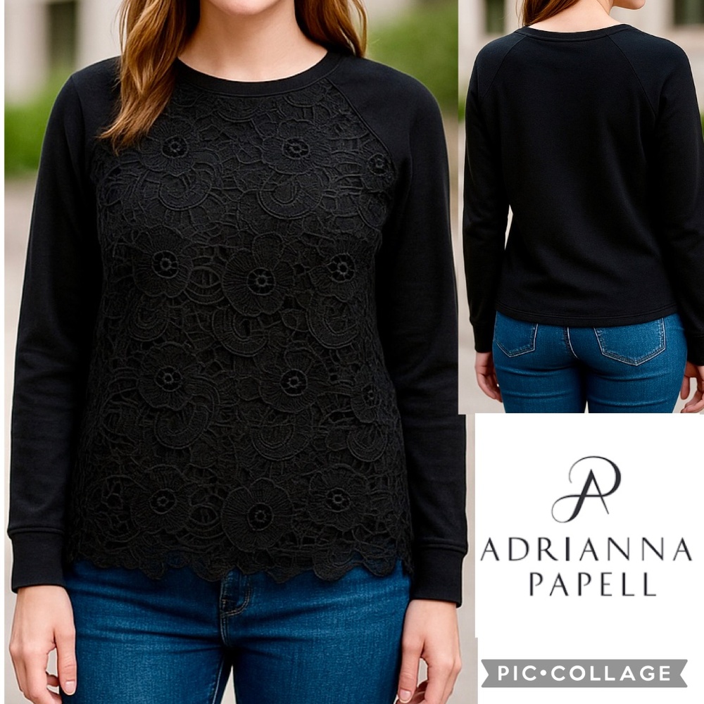 Adrianna Papell Black Lace Front Pullover Sweatshirt Mixed Media Top Size M